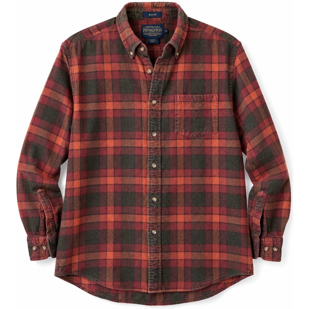 Pendleton Mason Men's M Plaid Flannel Shirt Rust Brown Cotton Button Down Fall